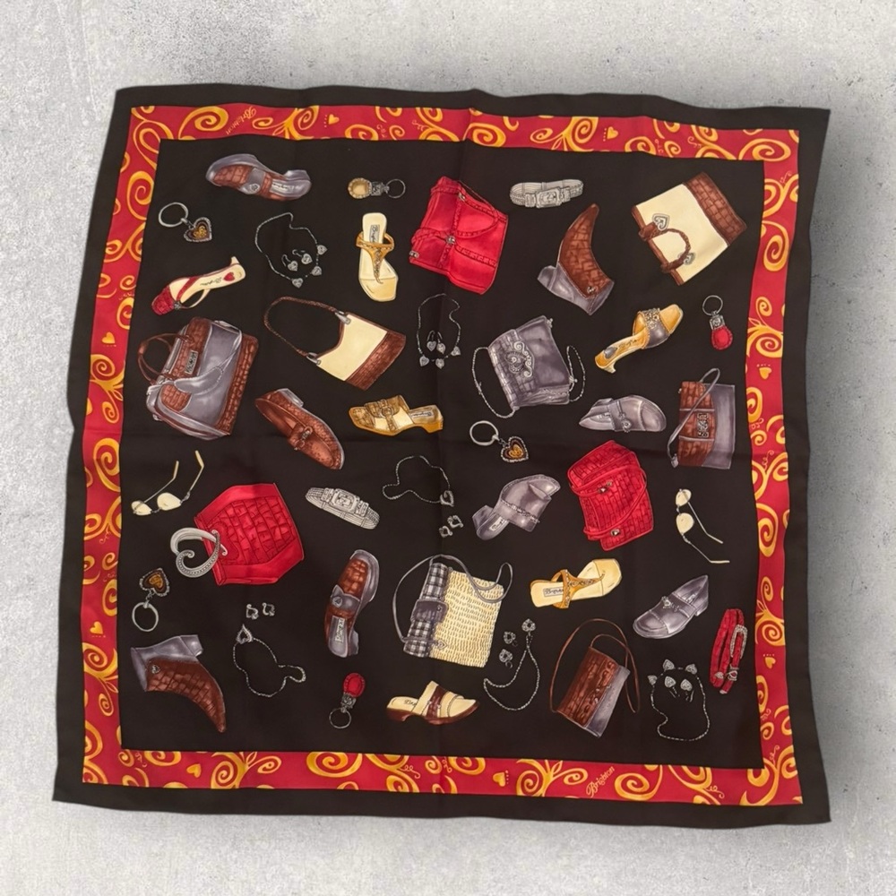 Brighton 100% Silk Scarf w/Purse Shoes Jewelry Print Black Red 21x21" Vintage